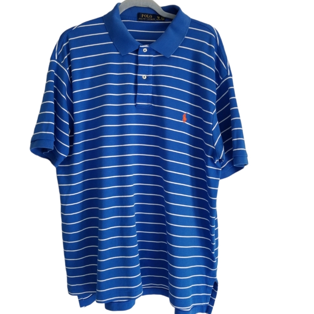 Polo Ralph Lauren Polo Shirt Blue White Stripes Size 1XB 1G Big Grand 100%cotton